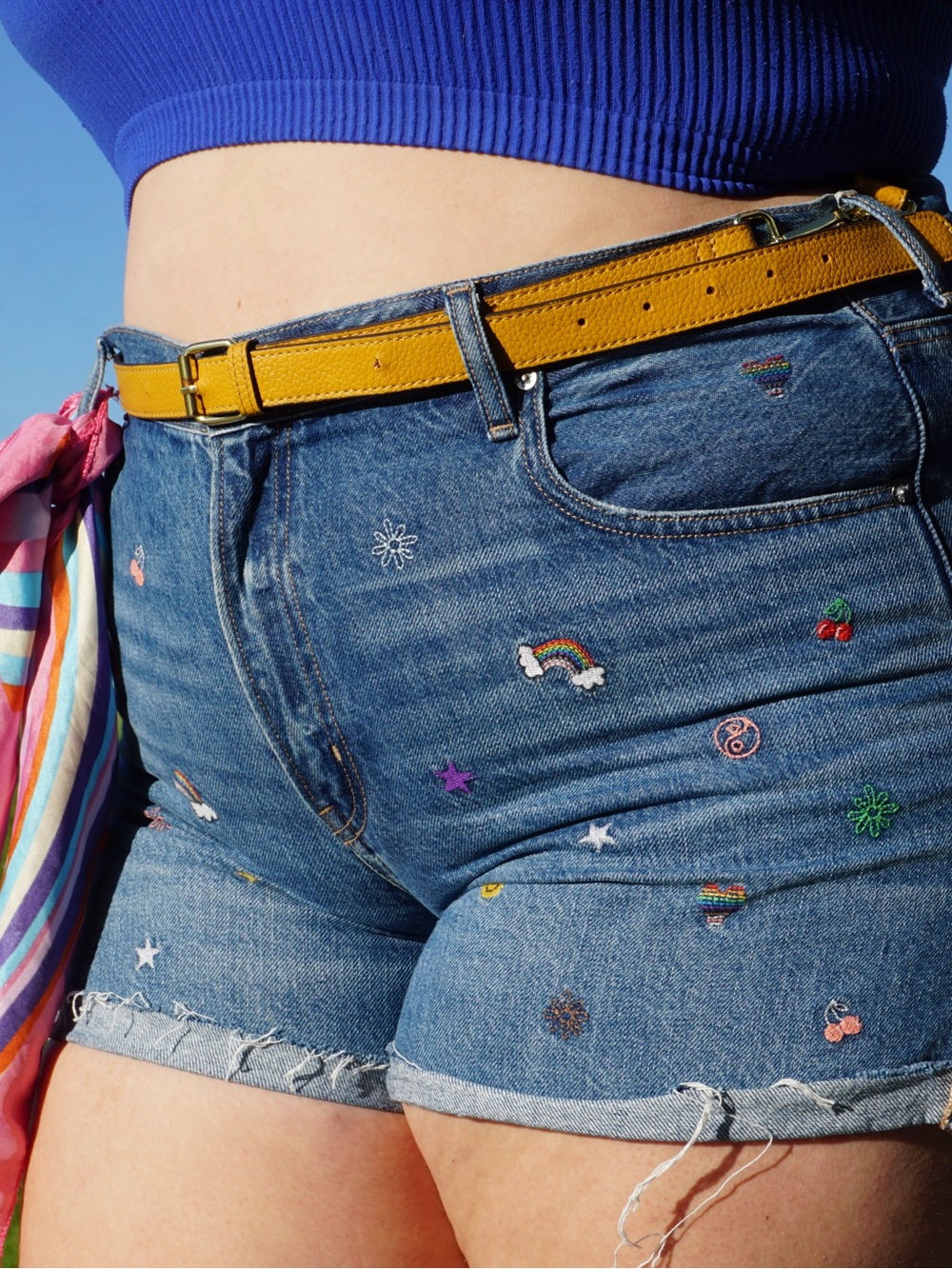 American Eagle Outfitters Blue Denim Shorts with Multicolor Embroidery - Picture 3 of 6